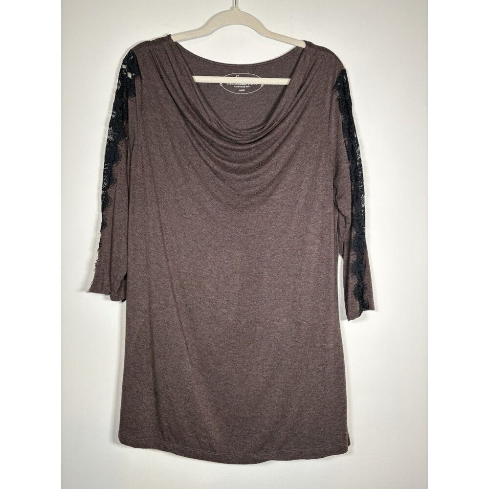 Soma Live‎ Lounge Wear Top Brown Lace Trim Cowl Neck Soft Casual Comfort Large